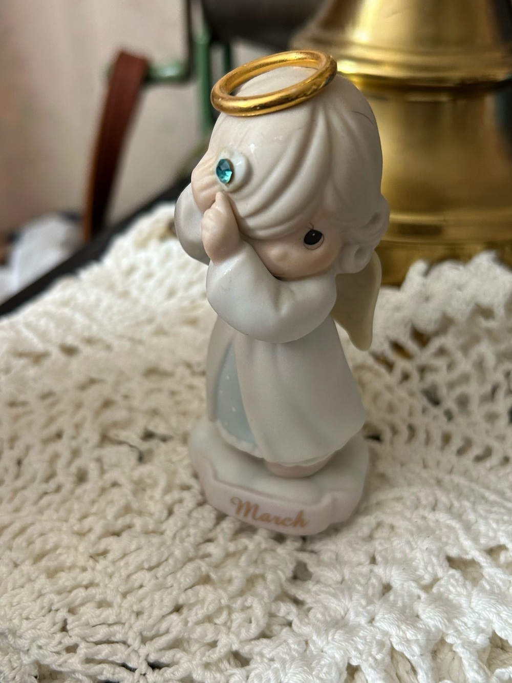 Precious Moments Angel Figurine in White with Gold Halo and Blue Jewel